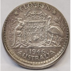 AUSTRALIA 1946 . FLORIN . ERROR . OFF CENTRE MIS-STRIKE . BIG LIP